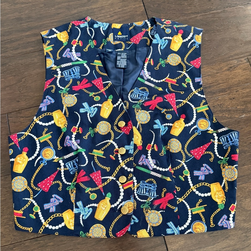 Vintage Lizsport Petite Novelty Pattern Button Front Vest Navy Multicolor Size 6